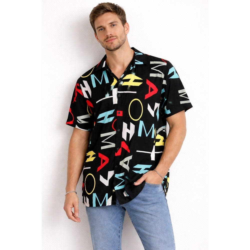 Thomas Mens XL Abstract Typographic Print Short Sleeve‎ Button Down Shirt Black